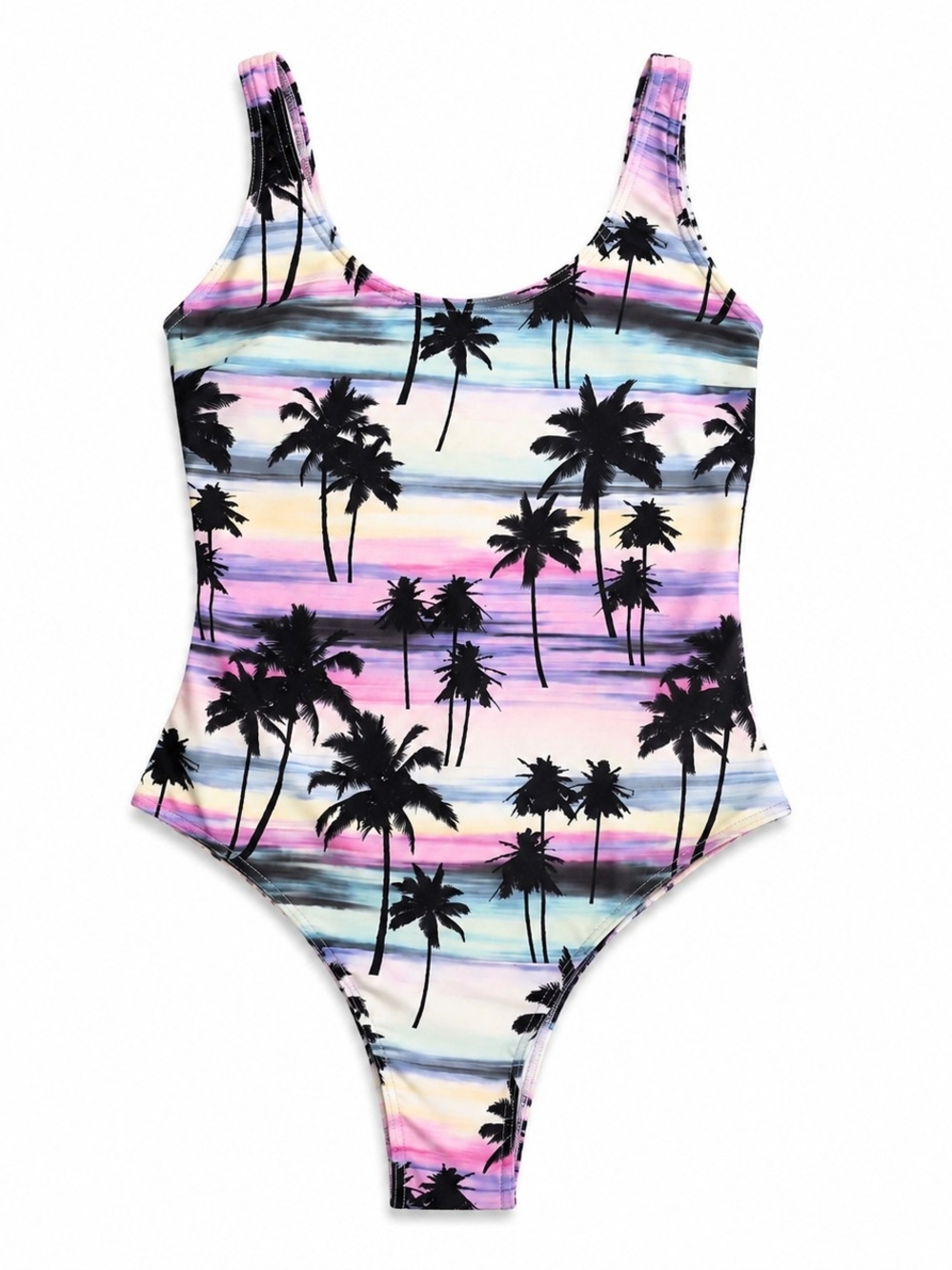 One-Piece Swimsuit with Palm Print - Pastel Pink Blue